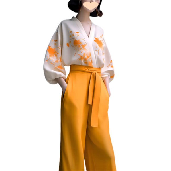 طقم ملابس تخسيس أنيق وعصري من قطعتين مكون من قميص وبنطلون واسع الساق لإخفاء الترهلات للنساء