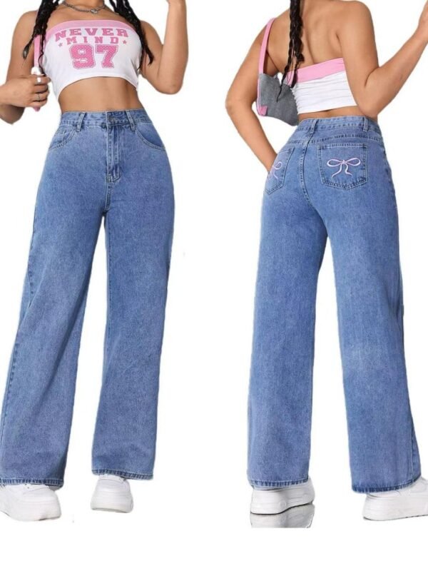 بنطلون جينز نسائي فضفاض مستقيم مغسول ومطرز بفيونكة عتيقة