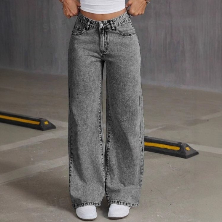 بنطلون جينز نسائي فضفاض مستقيم مغسول ومطرز بفيونكة عتيقة