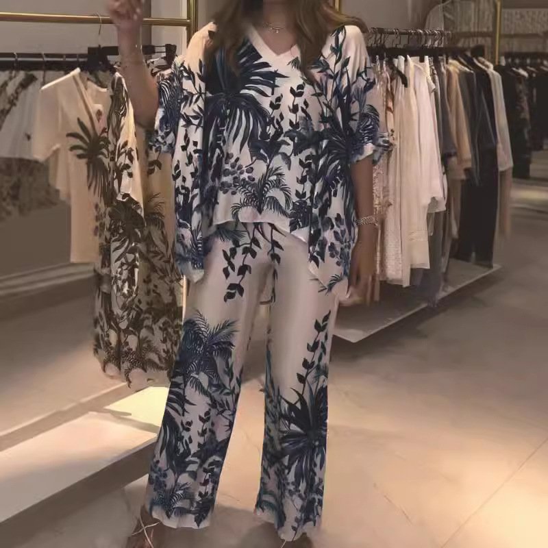 بدلة صيفية أنيقة وعصرية للنساء، بياقة على شكل حرف V وأكمام راجلان مطبوعة، مستوحاة من الأزياء الأوروبية والأمريكية