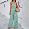جمبسوت عصري مطبوع بياقة مربعة وجيوب، مناسب لفصلي الربيع والصيف، بتصميم فضفاض ومريح، ملابس نسائية