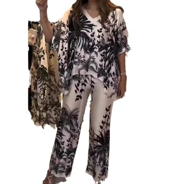 بدلة صيفية أنيقة وعصرية للنساء، بياقة على شكل حرف V وأكمام راجلان مطبوعة، مستوحاة من الأزياء الأوروبية والأمريكية