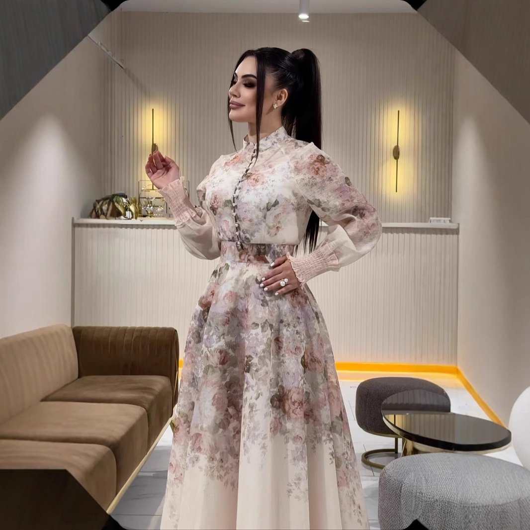 طقم فستان نسائي أنيق بياقة واقفة مزين بالزهور، مكون من قطعتين
