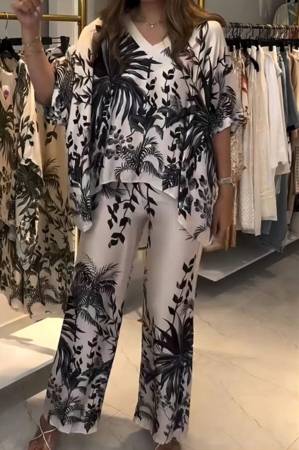 بدلة صيفية أنيقة وعصرية للنساء، بياقة على شكل حرف V وأكمام راجلان مطبوعة، مستوحاة من الأزياء الأوروبية والأمريكية