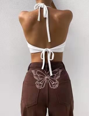 بنطلون جينز عالي الخصر مطبوع بتصميم كاجوال أنيق مناسب للفتيات العصريات