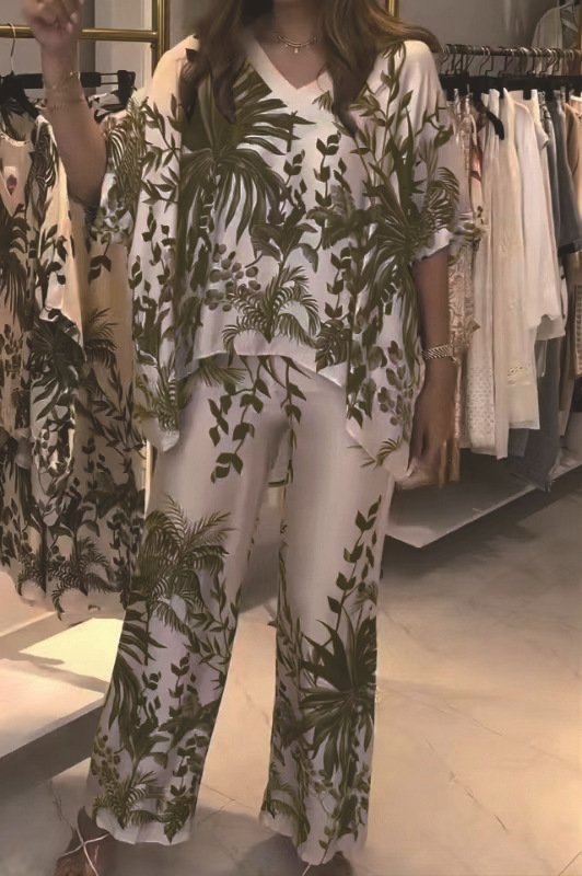 بدلة صيفية أنيقة وعصرية للنساء، بياقة على شكل حرف V وأكمام راجلان مطبوعة، مستوحاة من الأزياء الأوروبية والأمريكية