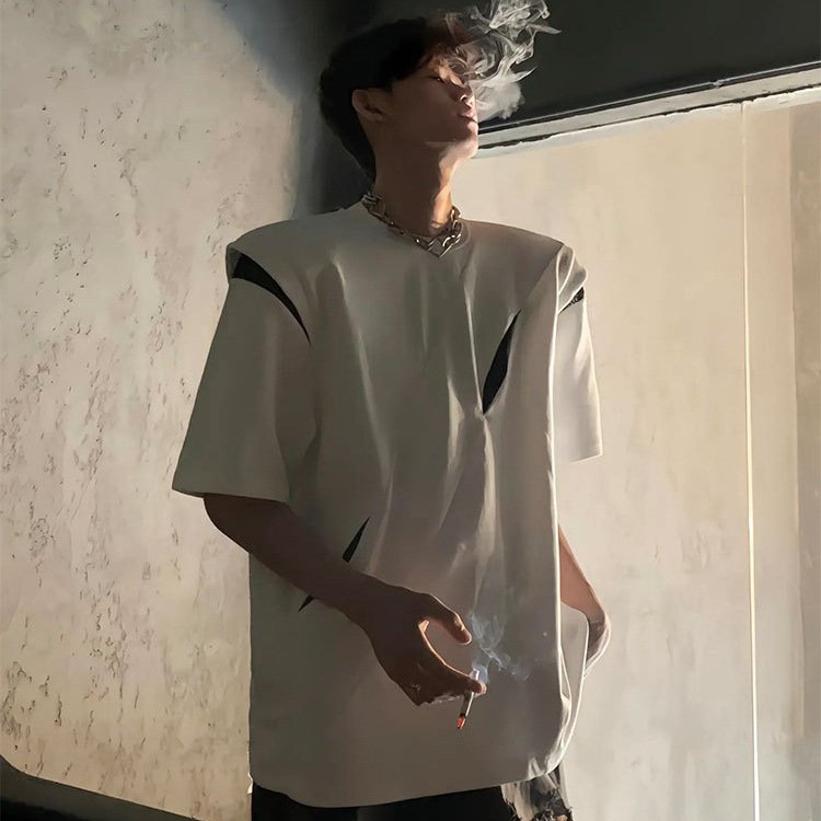 تي شيرت رجالي من Design Sense بأكمام قصيرة من Niche High Sense Split Deconstruction American