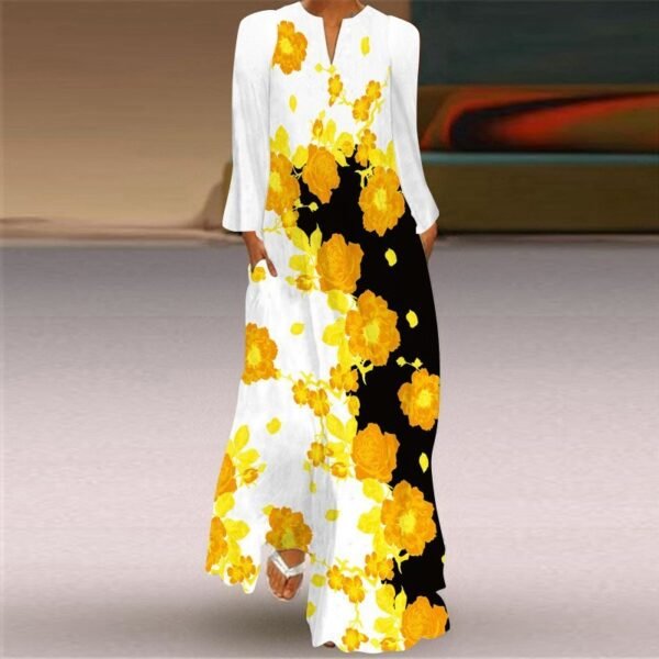 فستان مطبوع بأكمام طويلة وفتحة رقبة على شكل حرف V