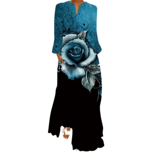 فستان مطبوع بأكمام طويلة وفتحة رقبة على شكل حرف V