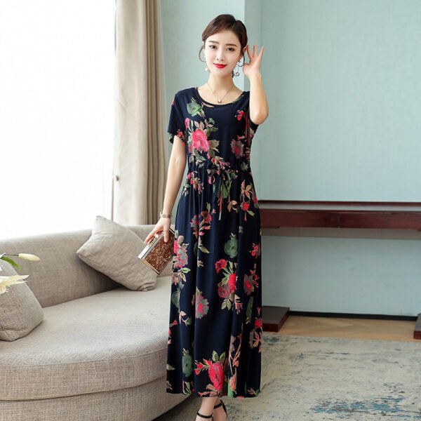 a17fab95-9f88-4916-aac3-8a4b45f3dfb6.jpg فستان نسائي قصير الأكمام وطويل بنقشة فوق الركبة من قماش البوبلين