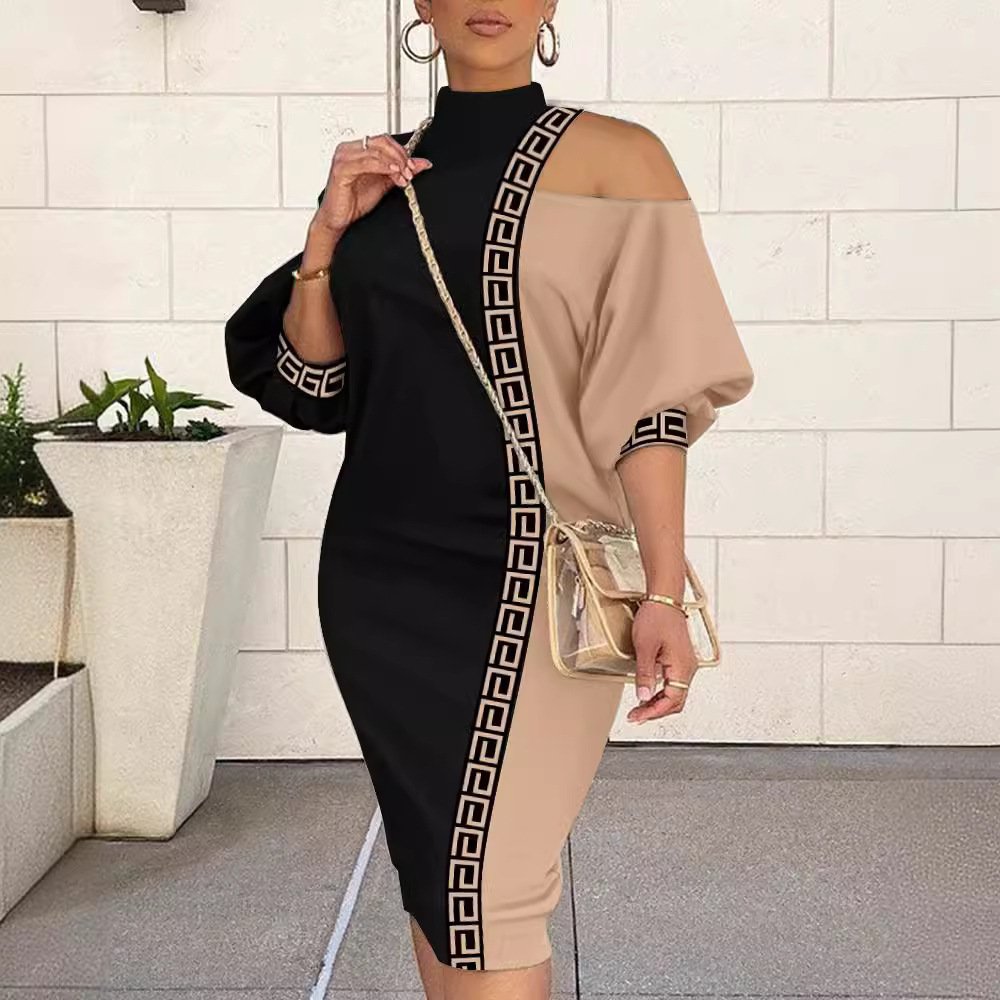 فستان بلون متباين مكشوف الكتفين