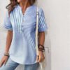 بلوزة صيفية بأكمام قصيرة وفتحة رقبة على شكل حرف V، بتصميم عصري مخطط غير متماثل، ملابس نسائية