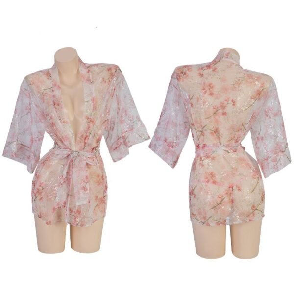 ملابس داخلية مثيرة، روب حمام شفاف مطبوع بفتحة صدر على شكل حرف V عميقة مكشوفة الأكتاف بلون برونزي