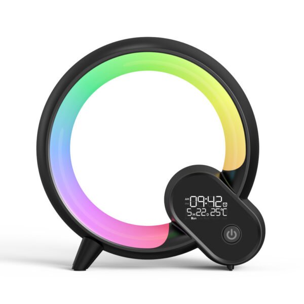 26693261-bd80-49a4-9a2a-7f79c3eb51cb.jpg ساعة منبه رقمية تناظرية بإضاءة Q Light، مع خاصية شروق الشمس، وصوت بلوتوث، ووظيفة تنبيه ذكية، وإضاءة جوية ملونة.