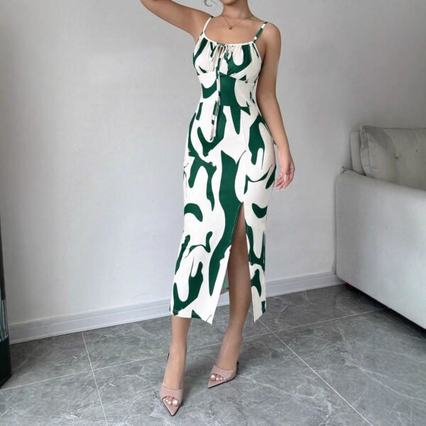 فستان صيفي مطبوع بحمالات وفتحة جانبية، فستان طويل أنيق برباط أمامي للنساء