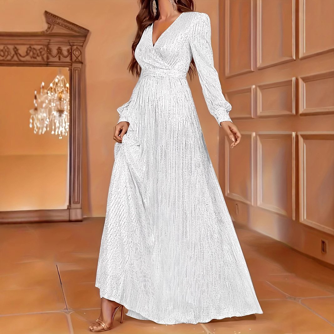 d7c18d0e-fb91-4ab9-90a5-665744cc1e8a.jpg فستان سهرة أنيق مزين بالترتر بأكمام طويلة وفتحة رقبة على شكل حرف V وخصر عالٍ